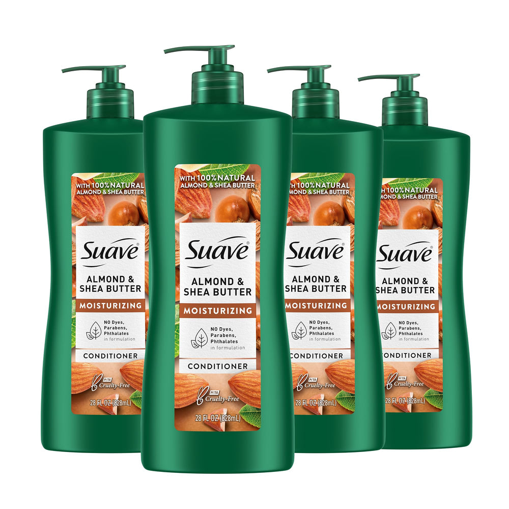 Acondicionador Suave con almendra y karité; botella visible, hidratación suave para el cabello.