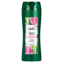 Suave Bamboo Hibisco Shampoo, botella-vertido, anuncia volumen ligero para cabello fino.