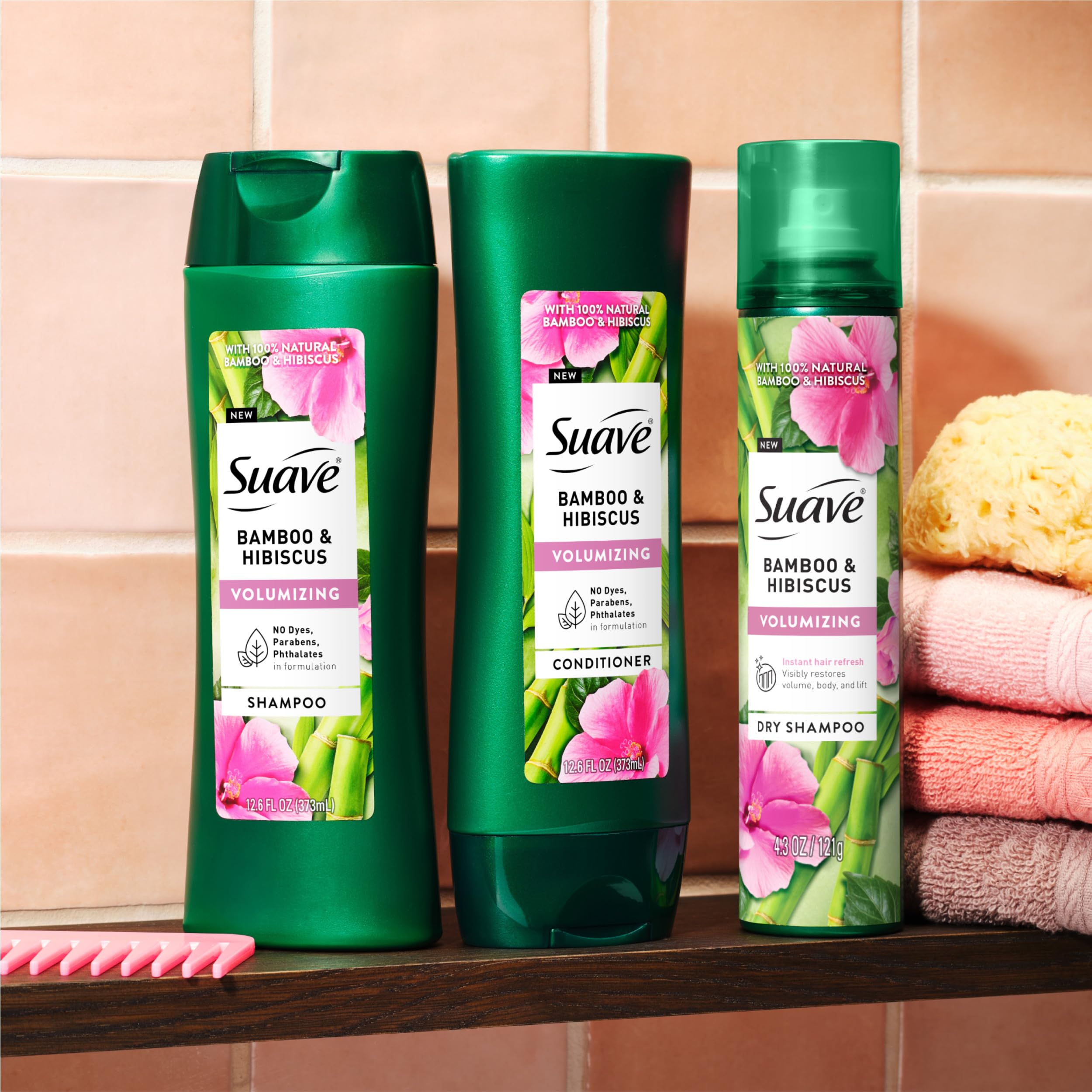 Suave Bamboo Hibisco Shampoo, cabello-delicado, revela brillo natural y movimiento con uso diario.