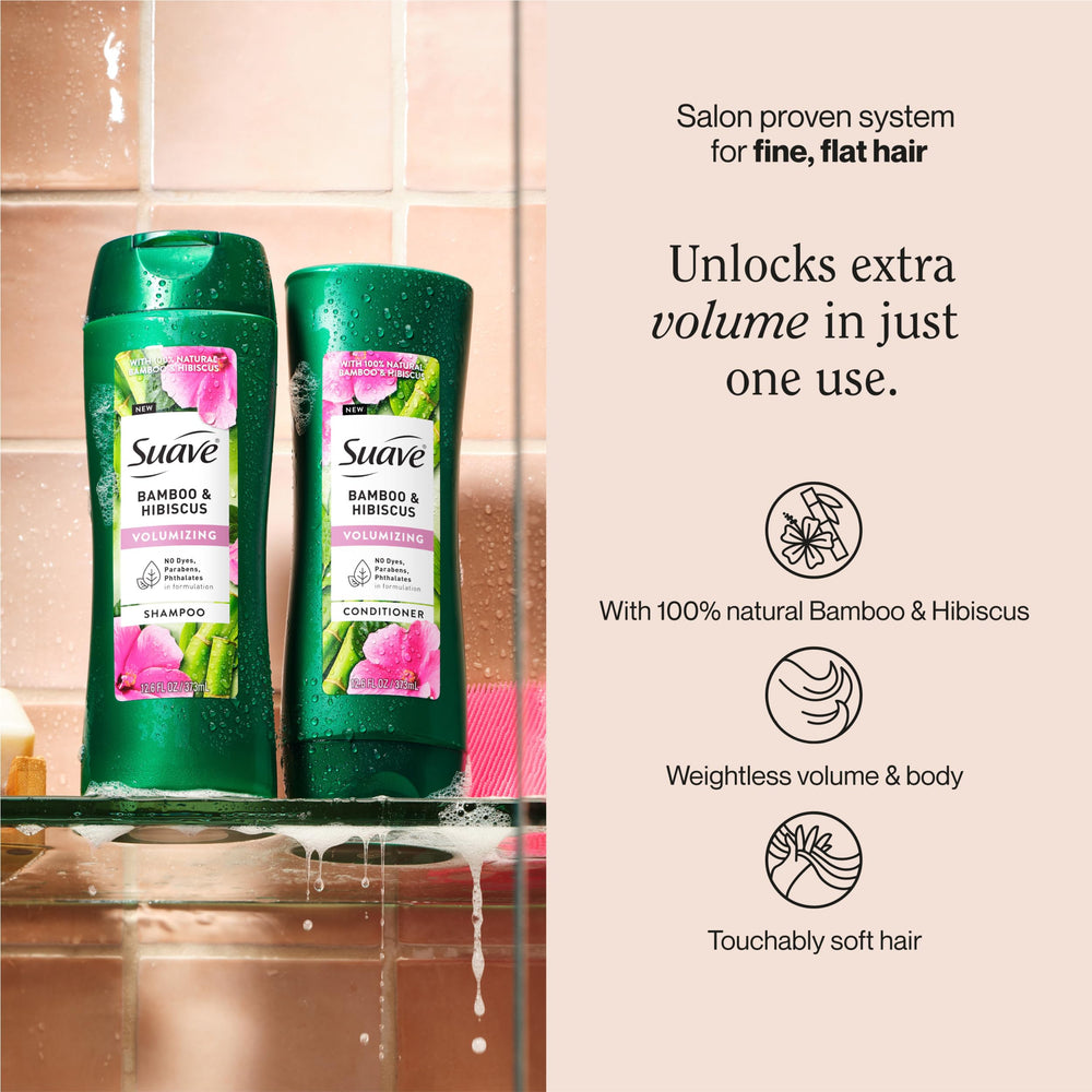 Suave Bamboo Hibisco Shampoo, ingredientes-bambú, presenta opción natural para fortalecimiento visible.