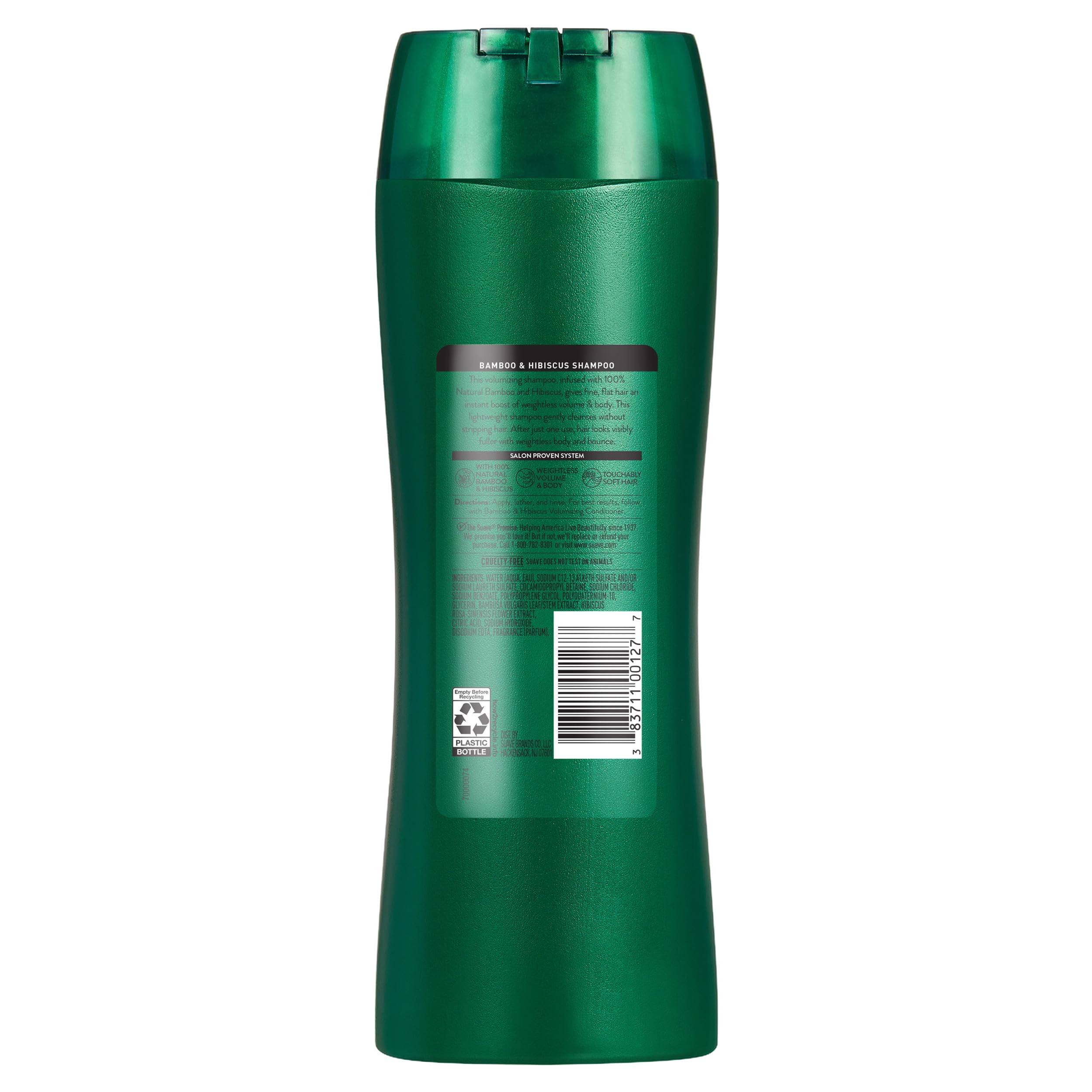 Suave Bamboo Hibisco Shampoo, volumen-instantaneo, sugiere elevación de raíces para mayor plenitud.