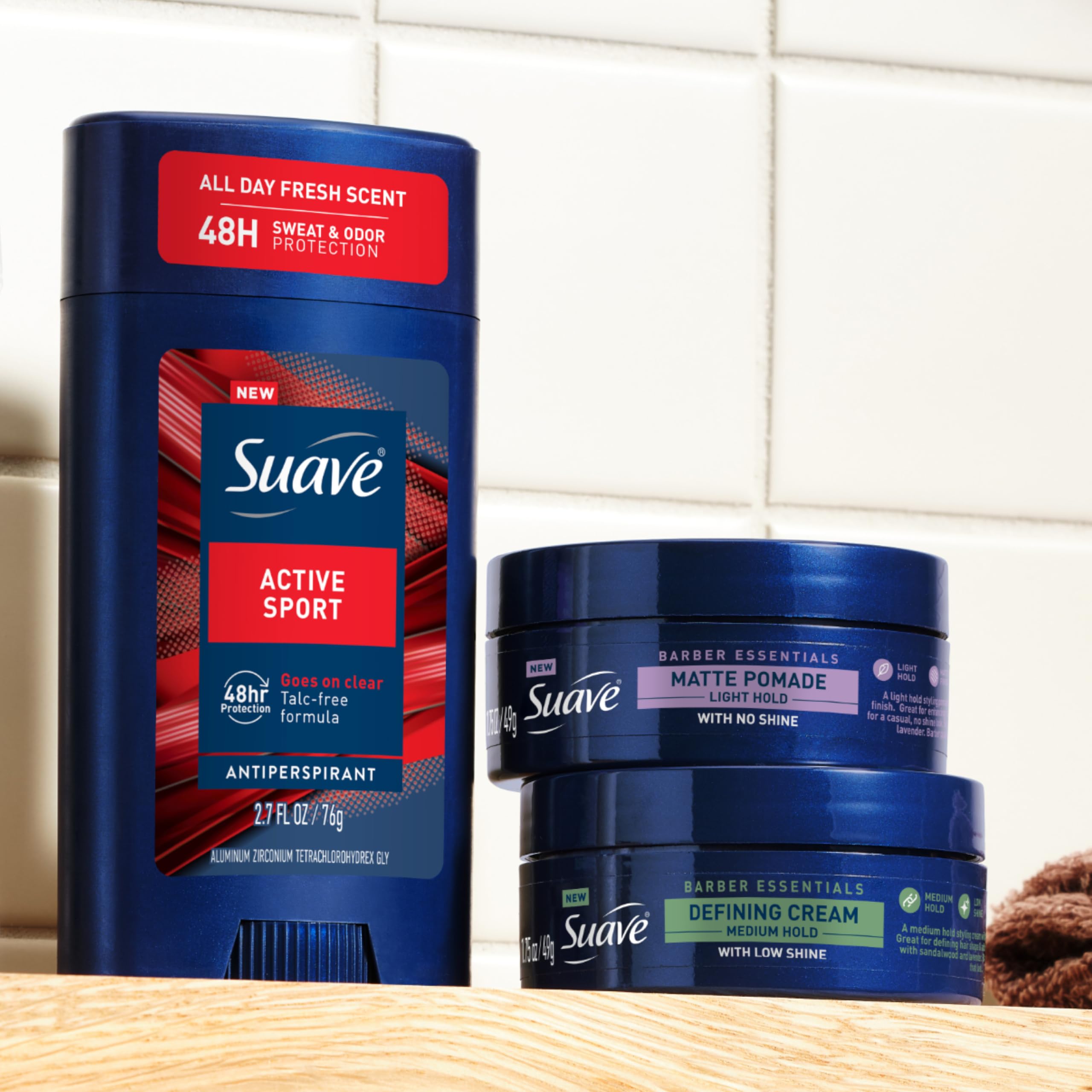 Suave Barber Essentials Pomade helps tame frizz and flyaways.