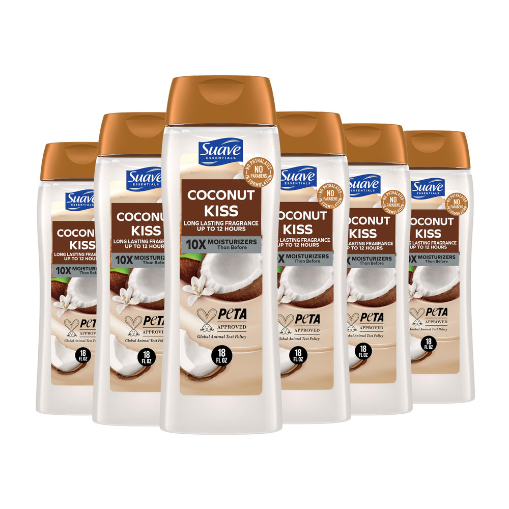 Suave Beso Coco: botella vertida, fragancia duradera para tu rutina diaria.