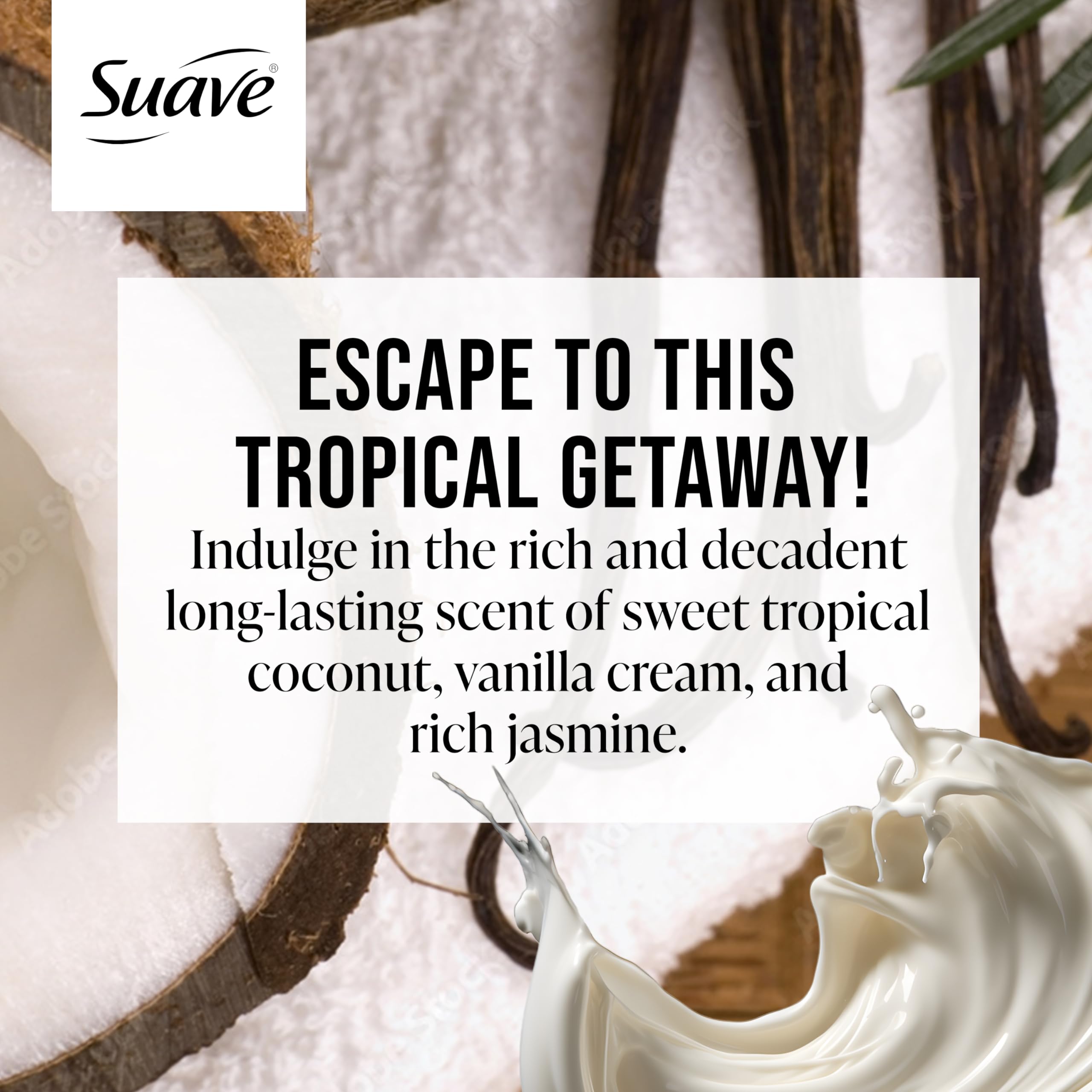Suave Beso Coco, espuma hidratante, piel suave tras cada ducha.
