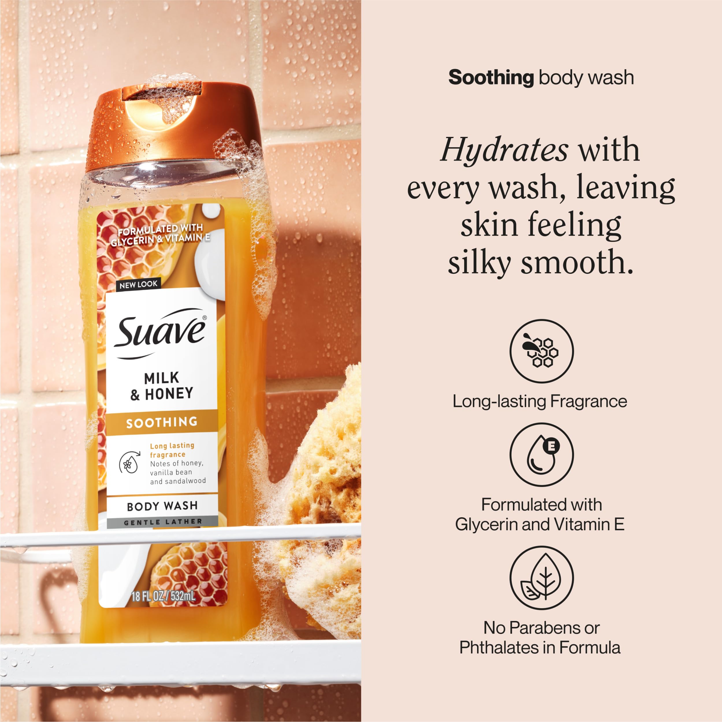 Creamy lather from Suave body wash close-up, gentle cleansing in action