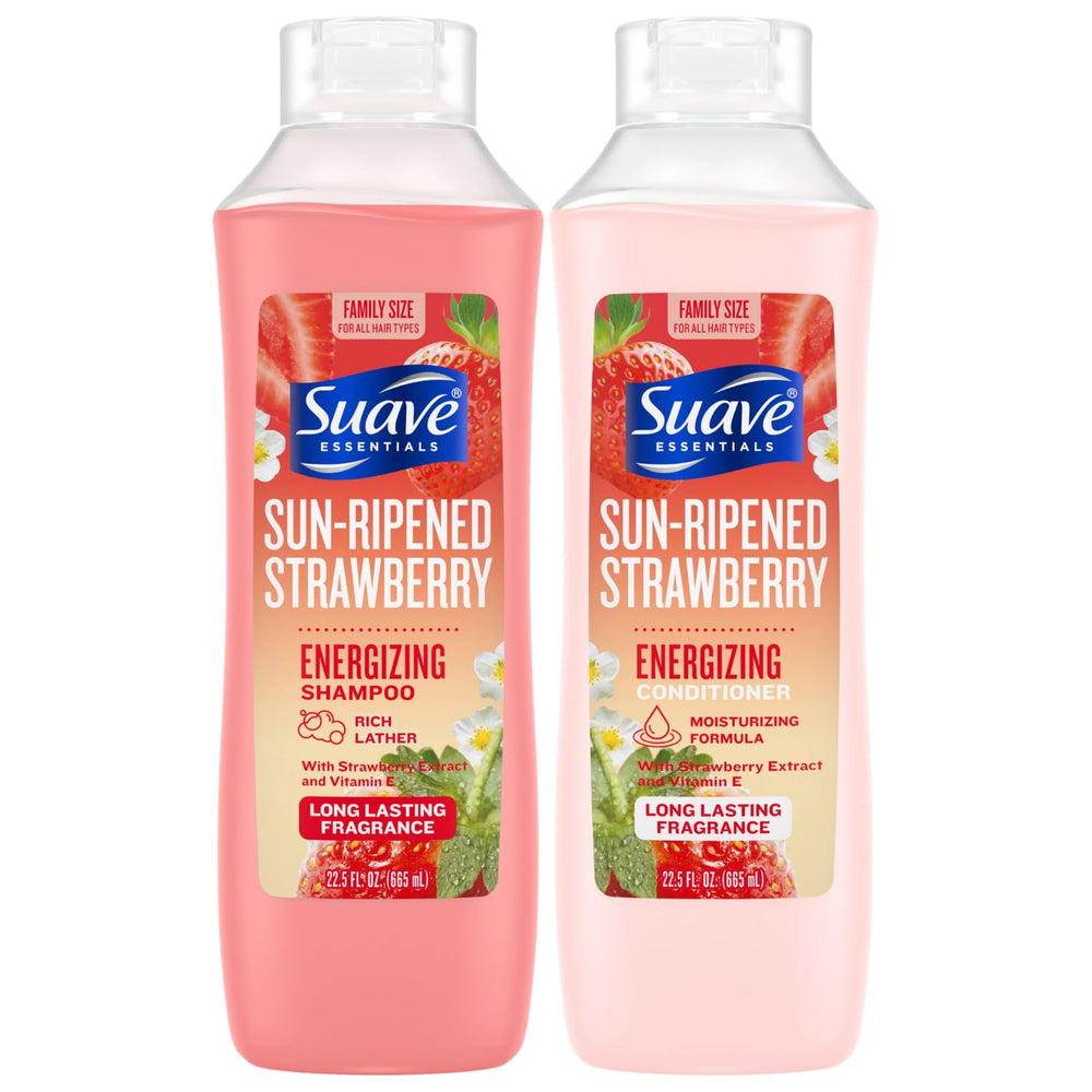 Shampoo Suave energizante, botella en primer plano, aroma refrescante para un lavado revitalizante.