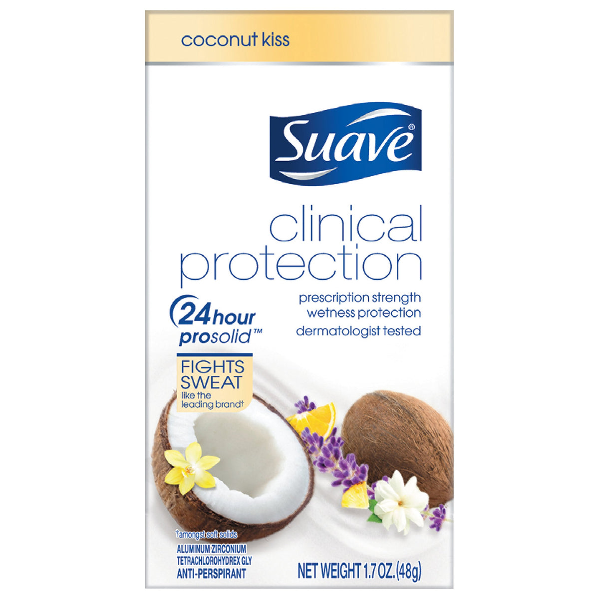 Suave Coconut Kiss clinical protection bottle showing long-lasting underarm defense with coconut fragrance.