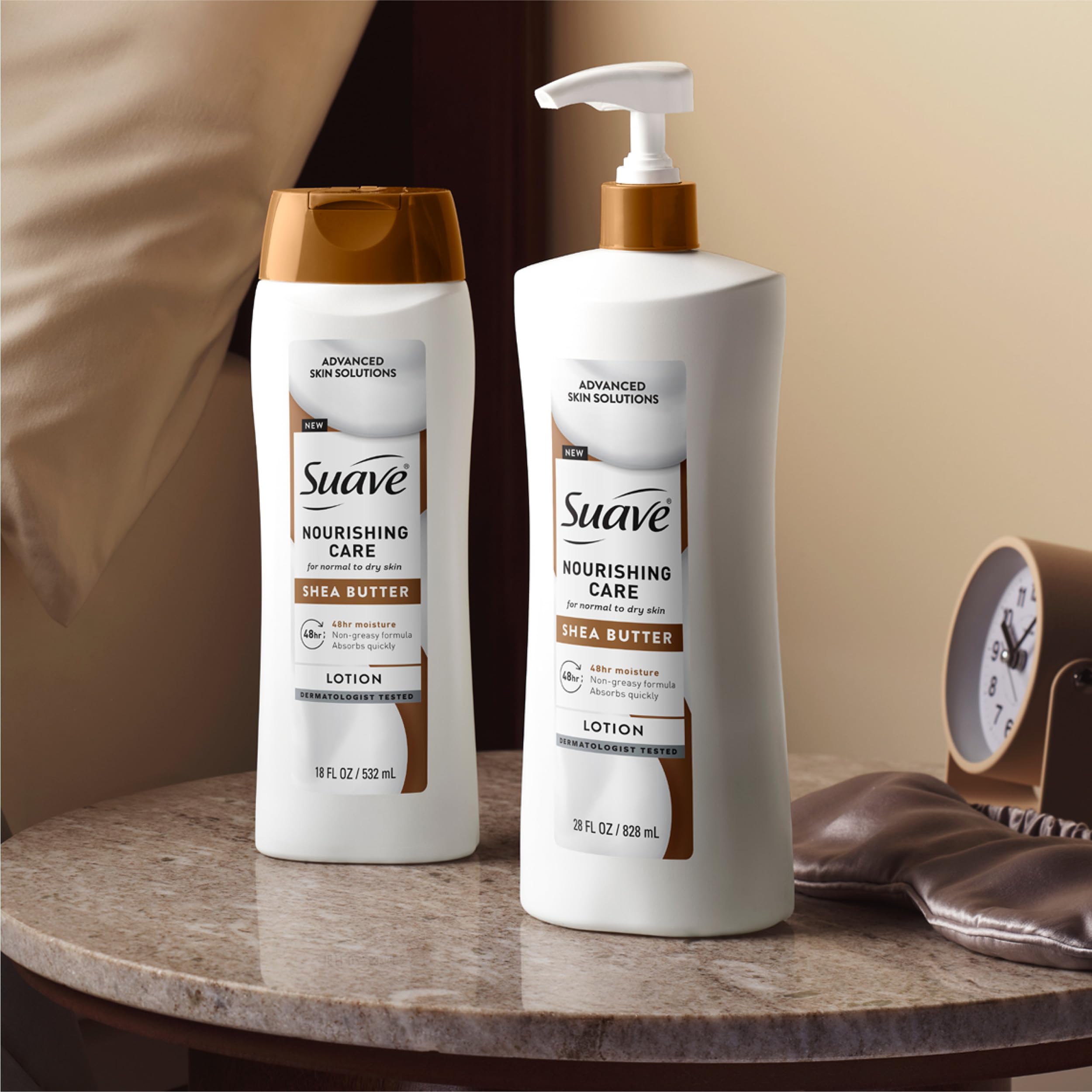 Dermatologist-tested badge visible on Suave lotion packaging.