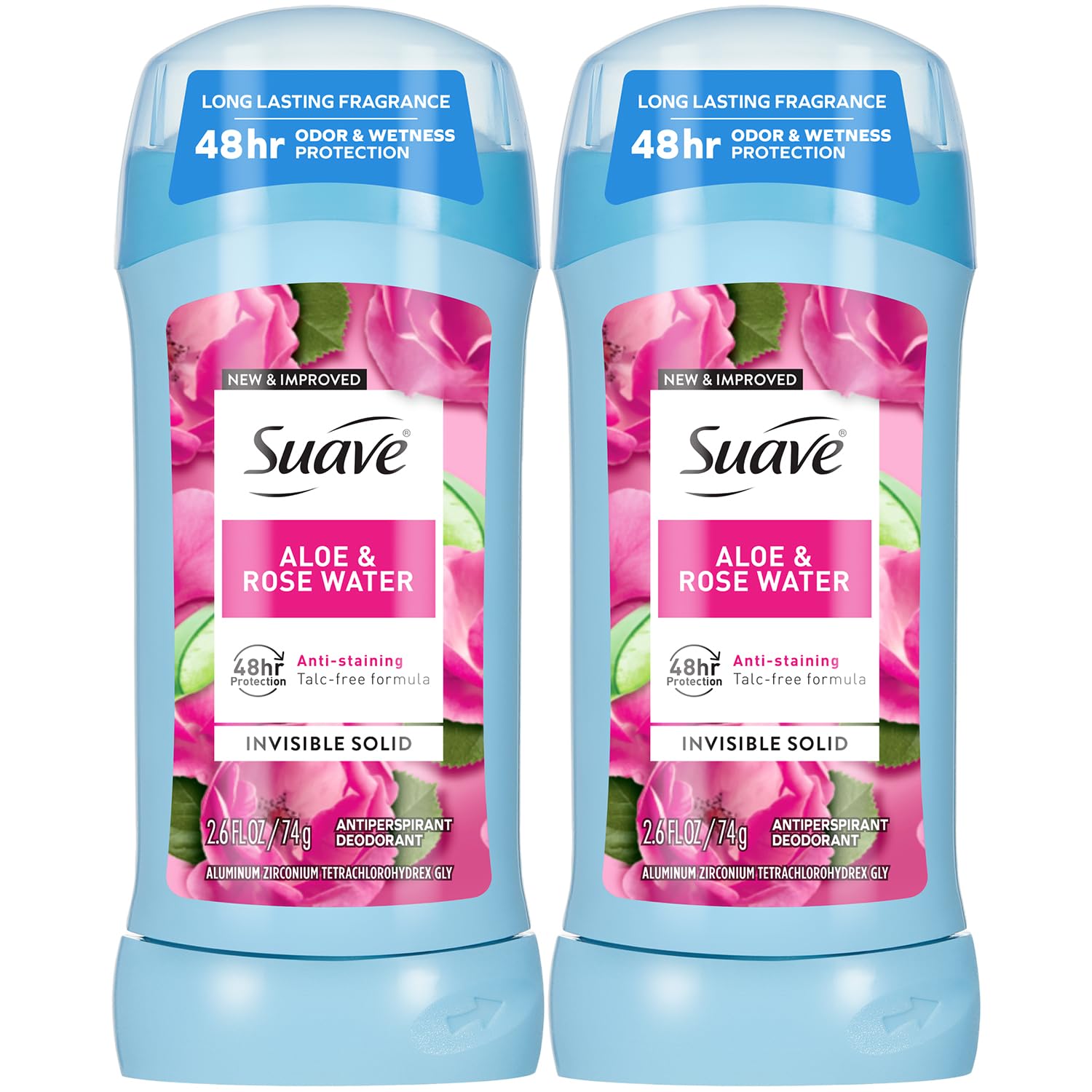 Suave desodorante para mujer Aloe y agua de rosas, paque de dos para uso diario.