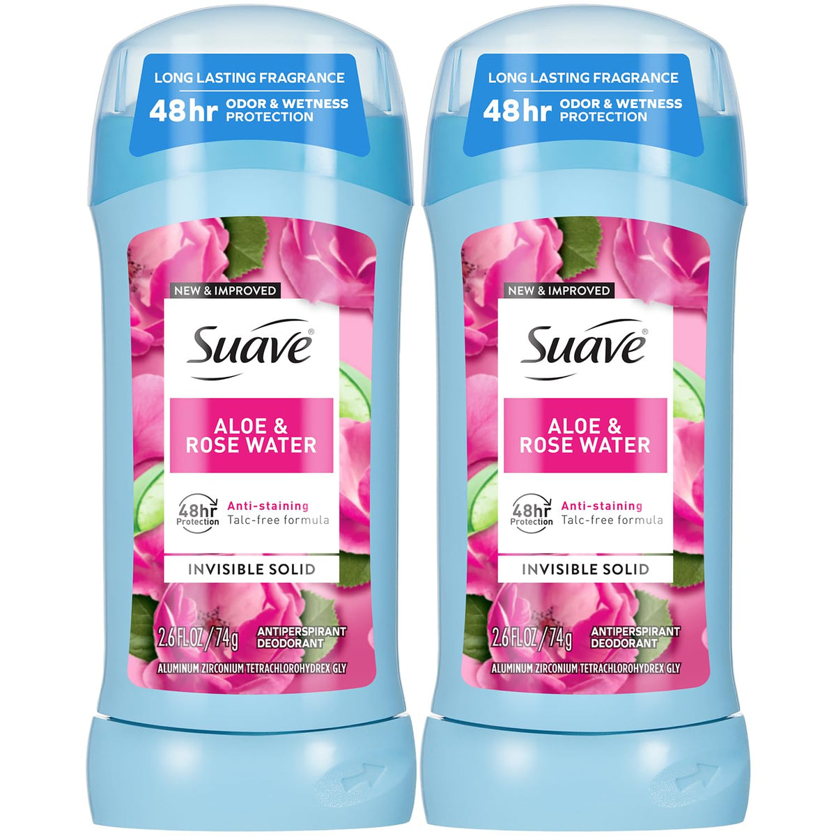 Suave desodorante para mujer Aloe y agua de rosas, paque de dos para uso diario.
