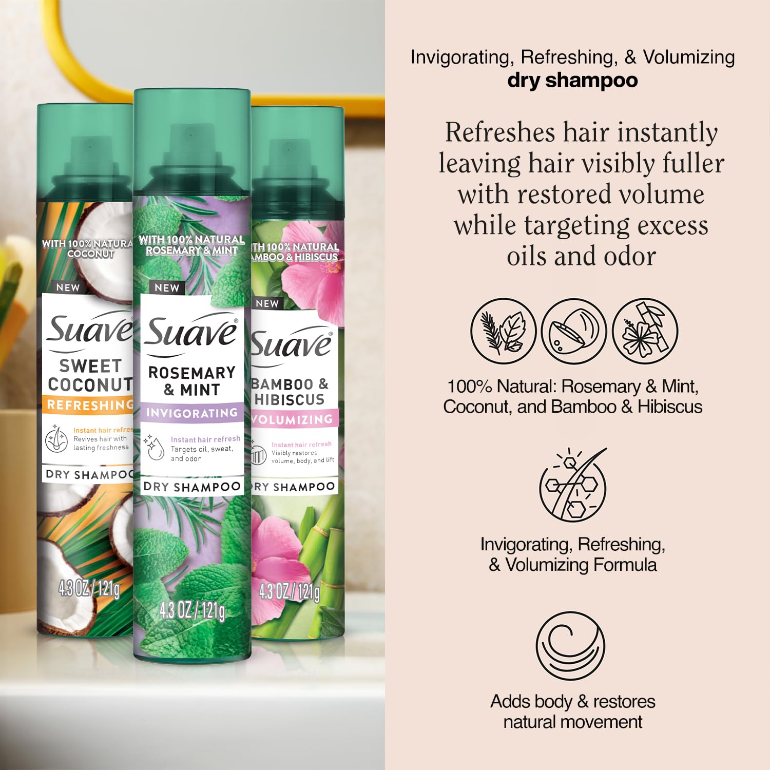 Suave shampoo seco bambú e hibisco frasco, aporta volumen ligero