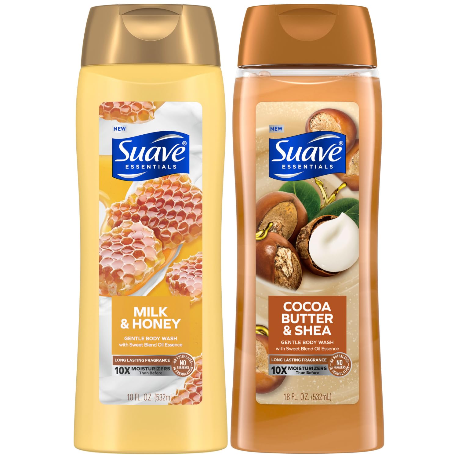 Suave Ducha Corporal Leche y Miel: botella visible, hidratación suave para la piel.