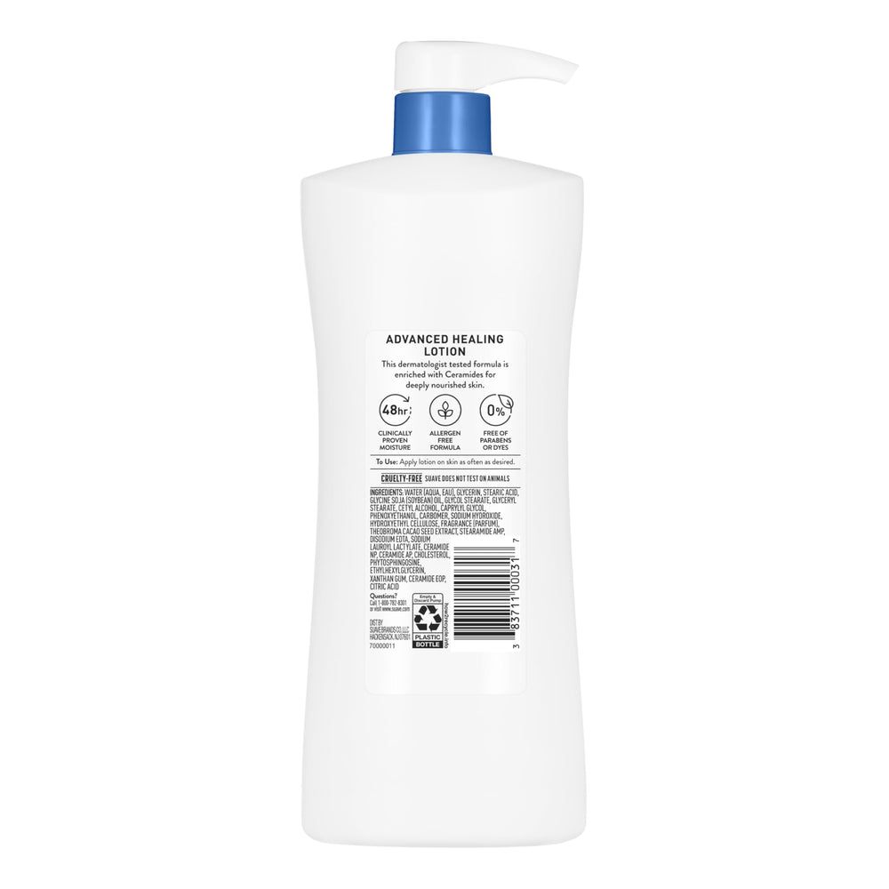 Frasco con etiqueta probada por dermatólogos para piel sensible de Suave.