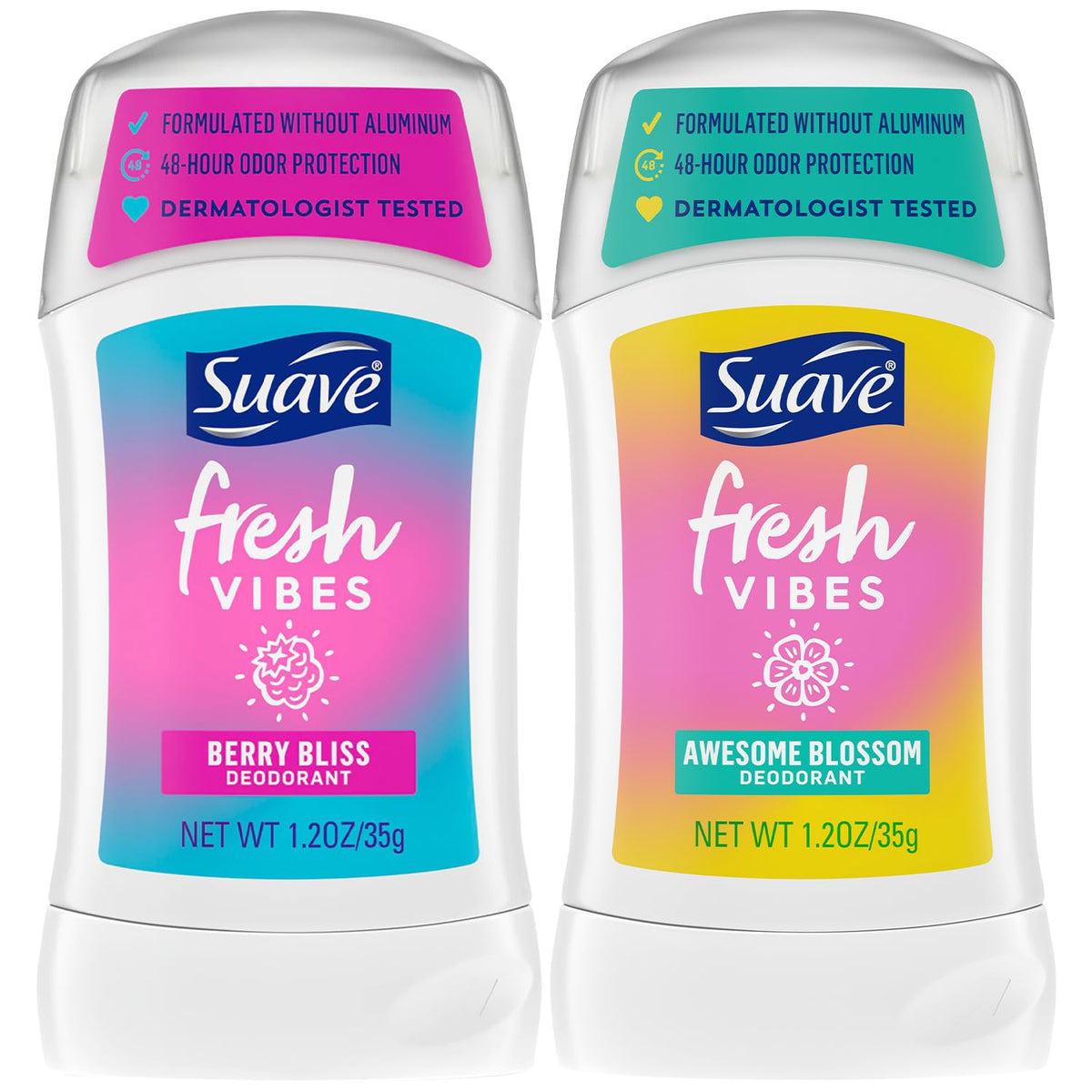 Suave Fresh Vibes Berry Bliss deodorant stick for long-lasting freshness.