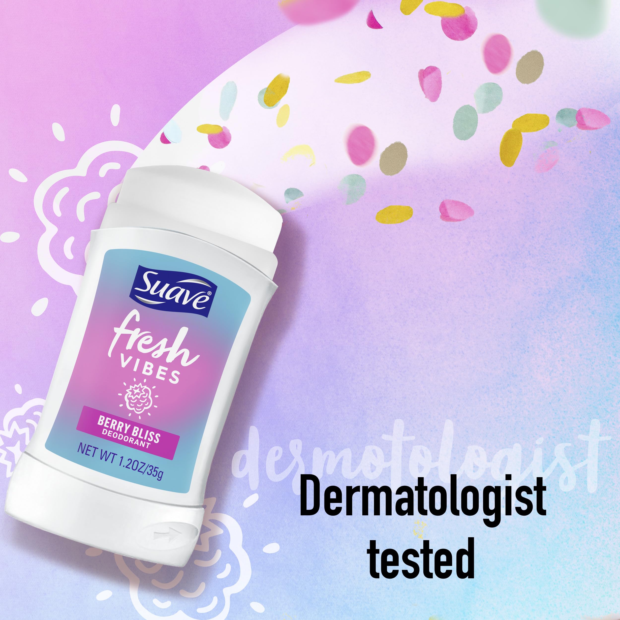 Etiqueta dermatológica probada en Suave Berry Bliss Stick para uso diario