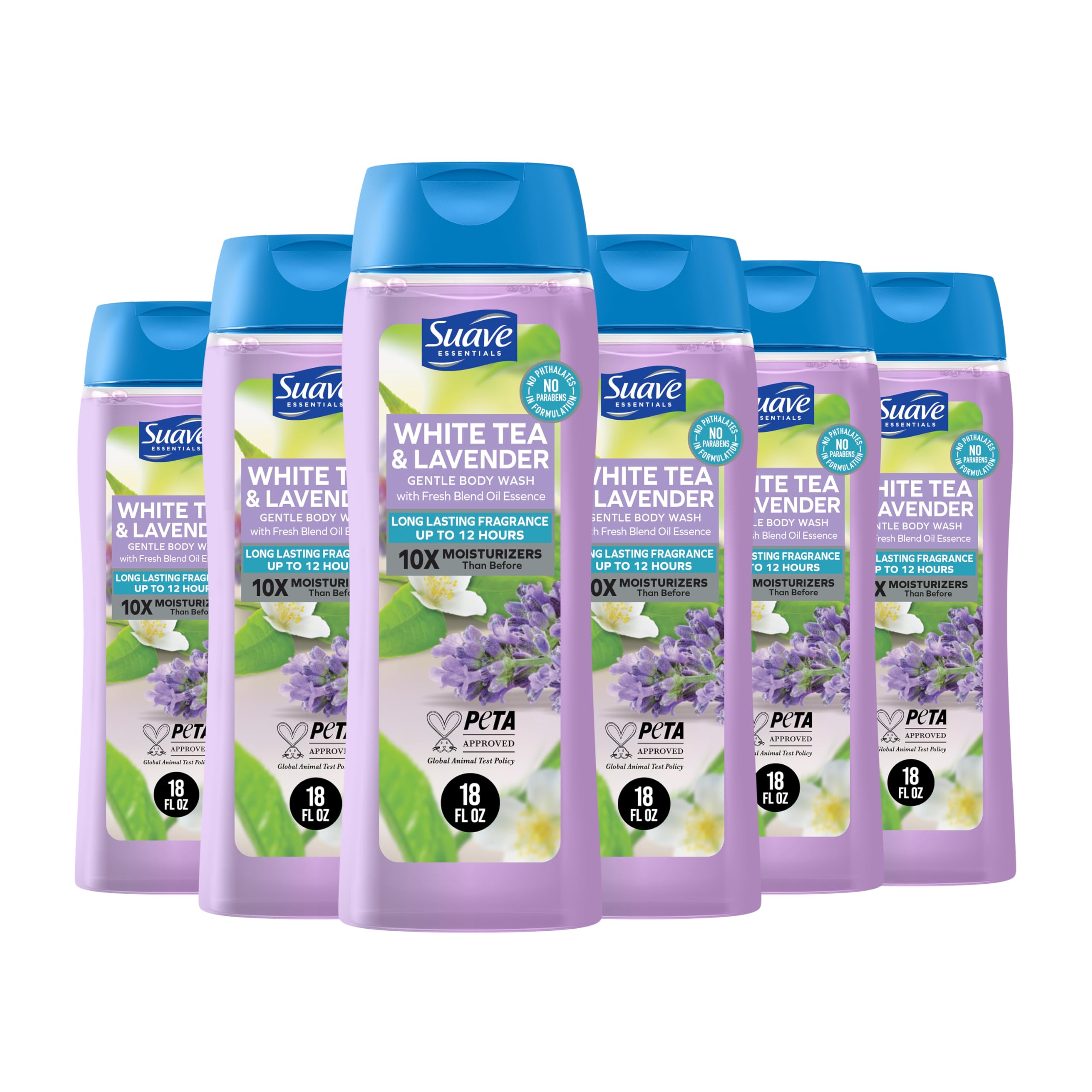Suave jabon-cuerpo-te-blanco-lavanda-botella, hidratación suave para la piel.
