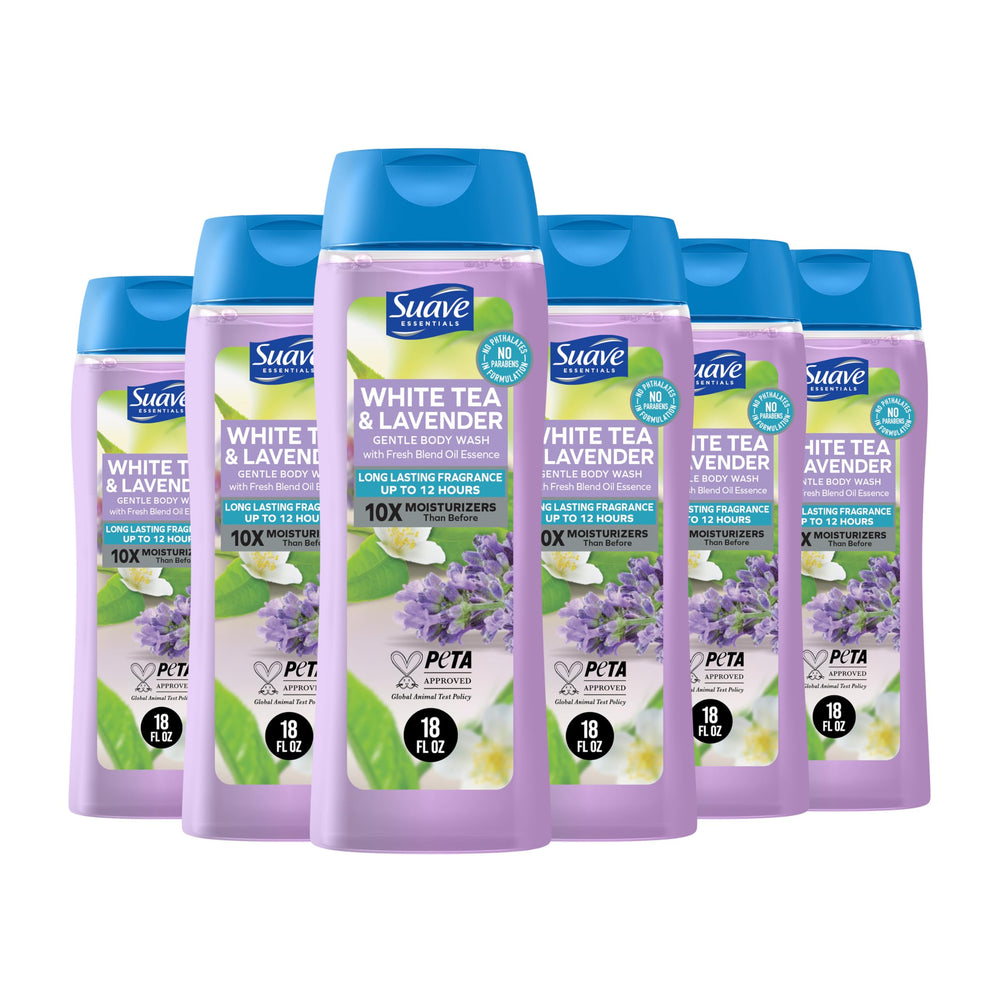 Suave jabon-cuerpo-te-blanco-lavanda-botella, hidratación suave para la piel.