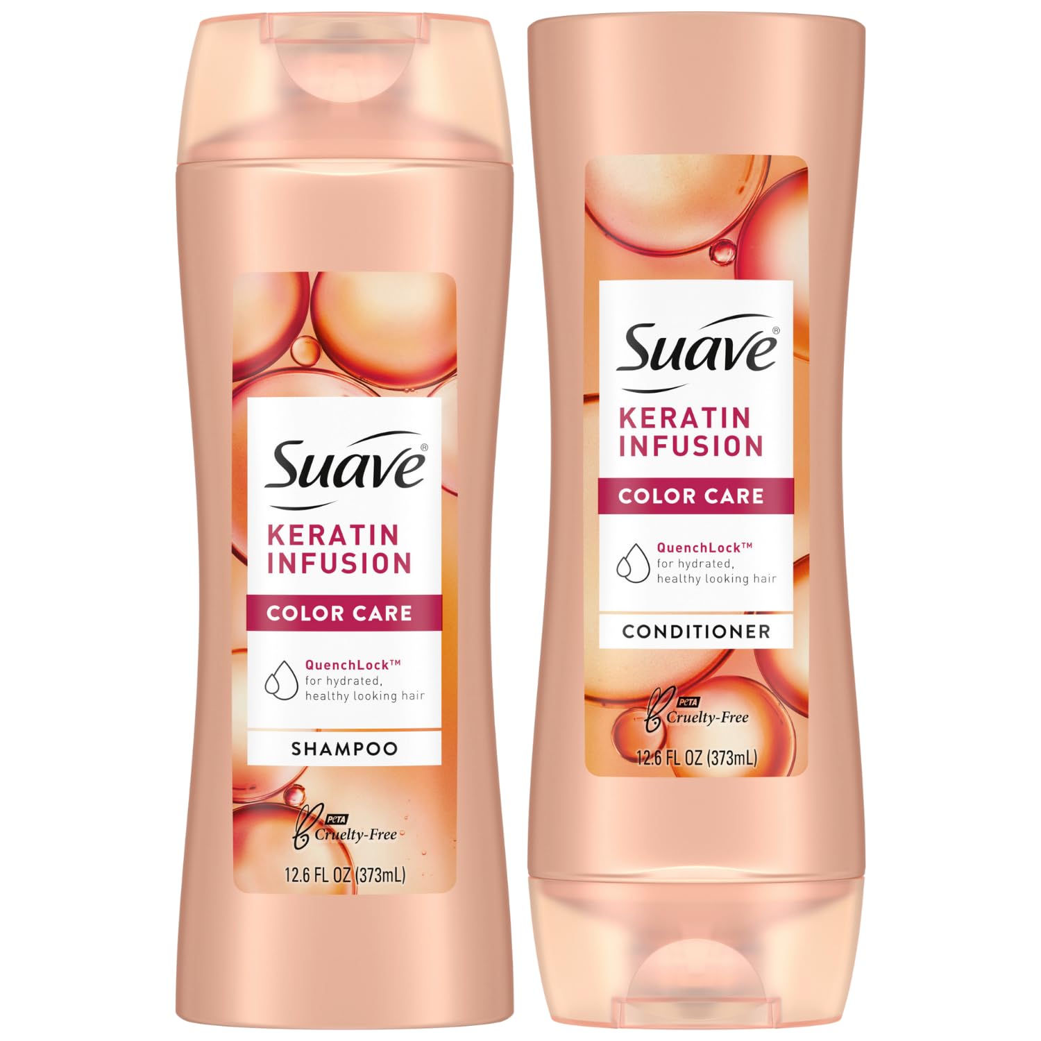 Suave Keratin Infusion champú botella: protección del color para cabello suave y brillante.