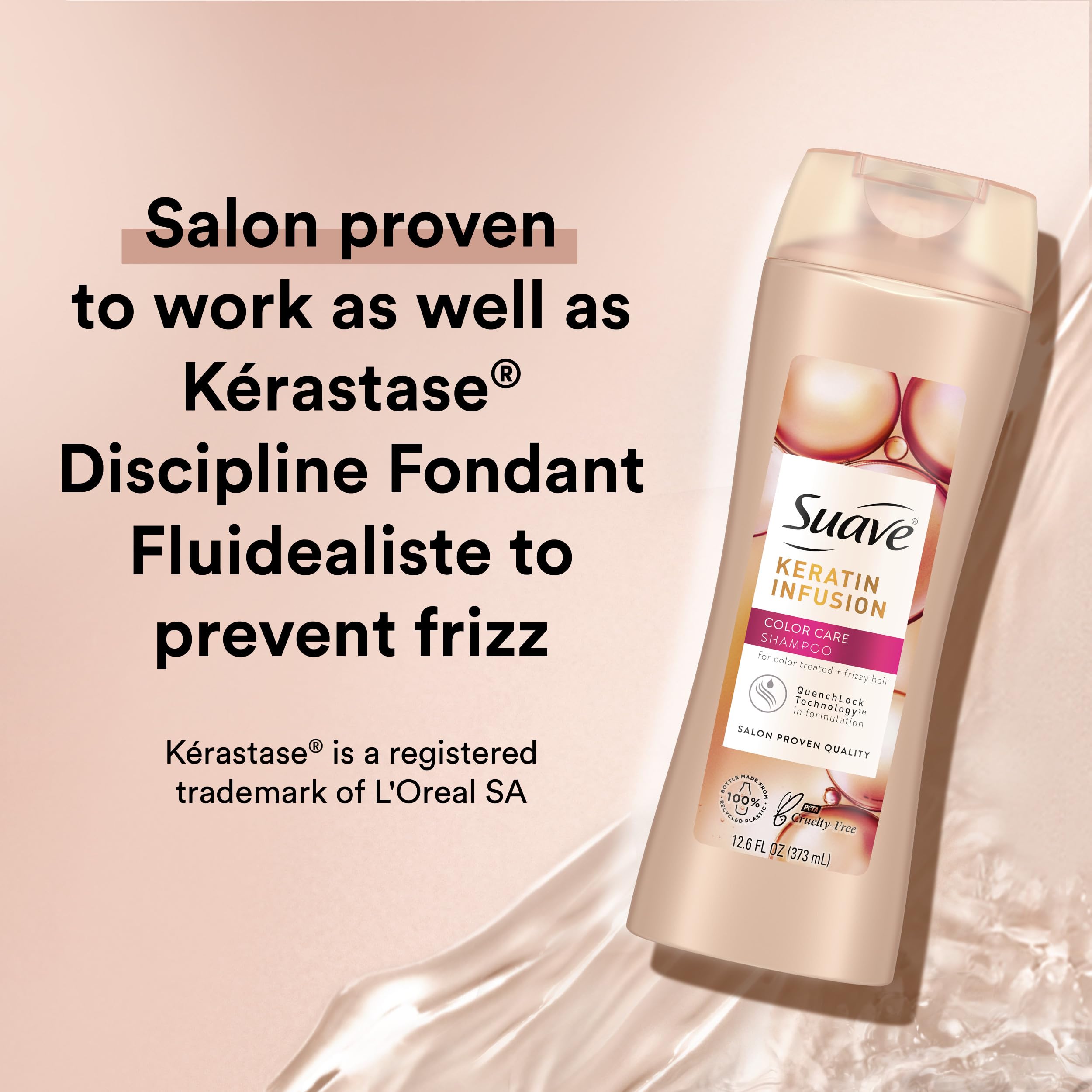 Etiqueta de cuidado del color de Suave Keratin Infusion muestra protección del tono.