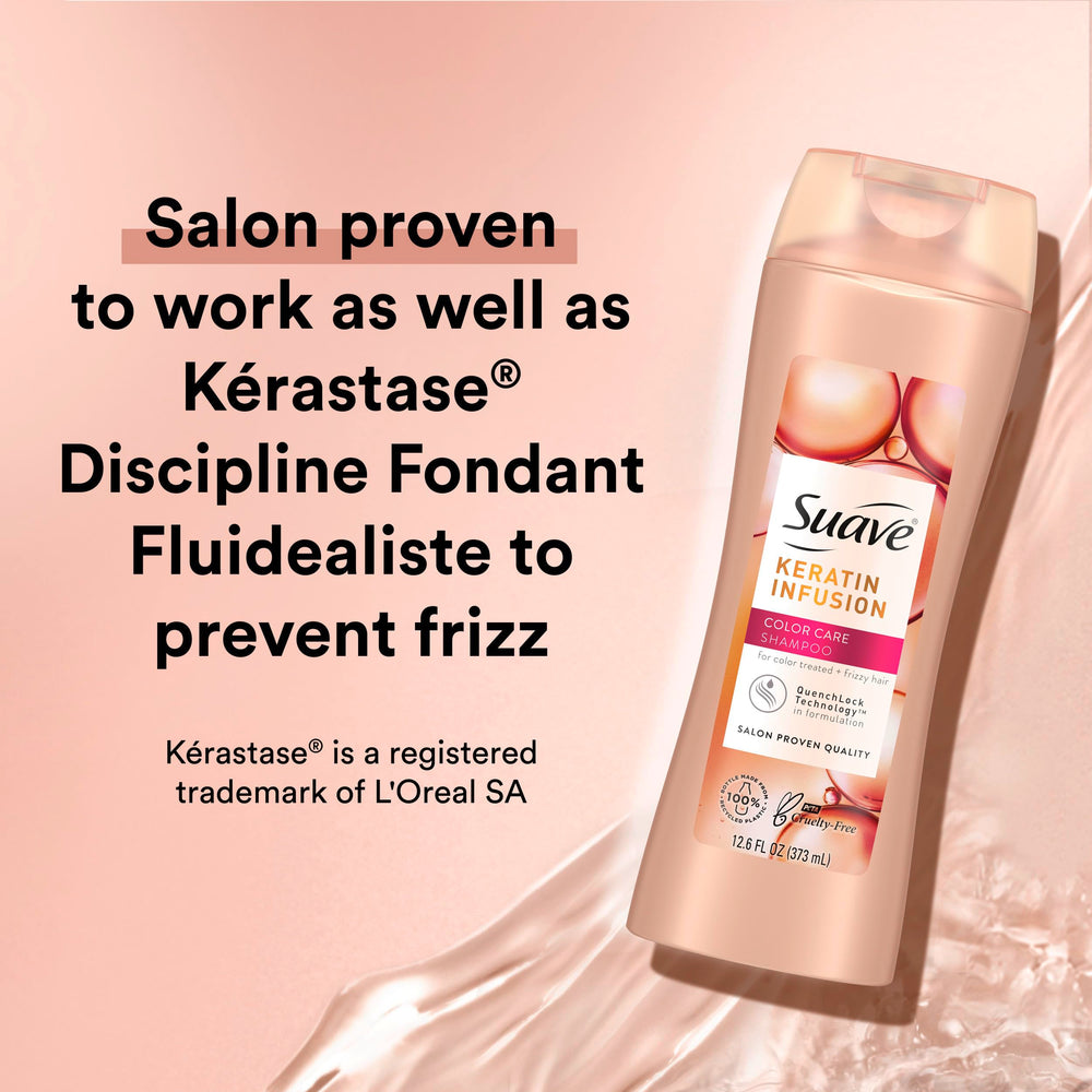 Etiqueta de cuidado del color de Suave Keratin Infusion muestra protección del tono.