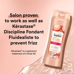 Etiqueta de cuidado del color de Suave Keratin Infusion muestra protección del tono.