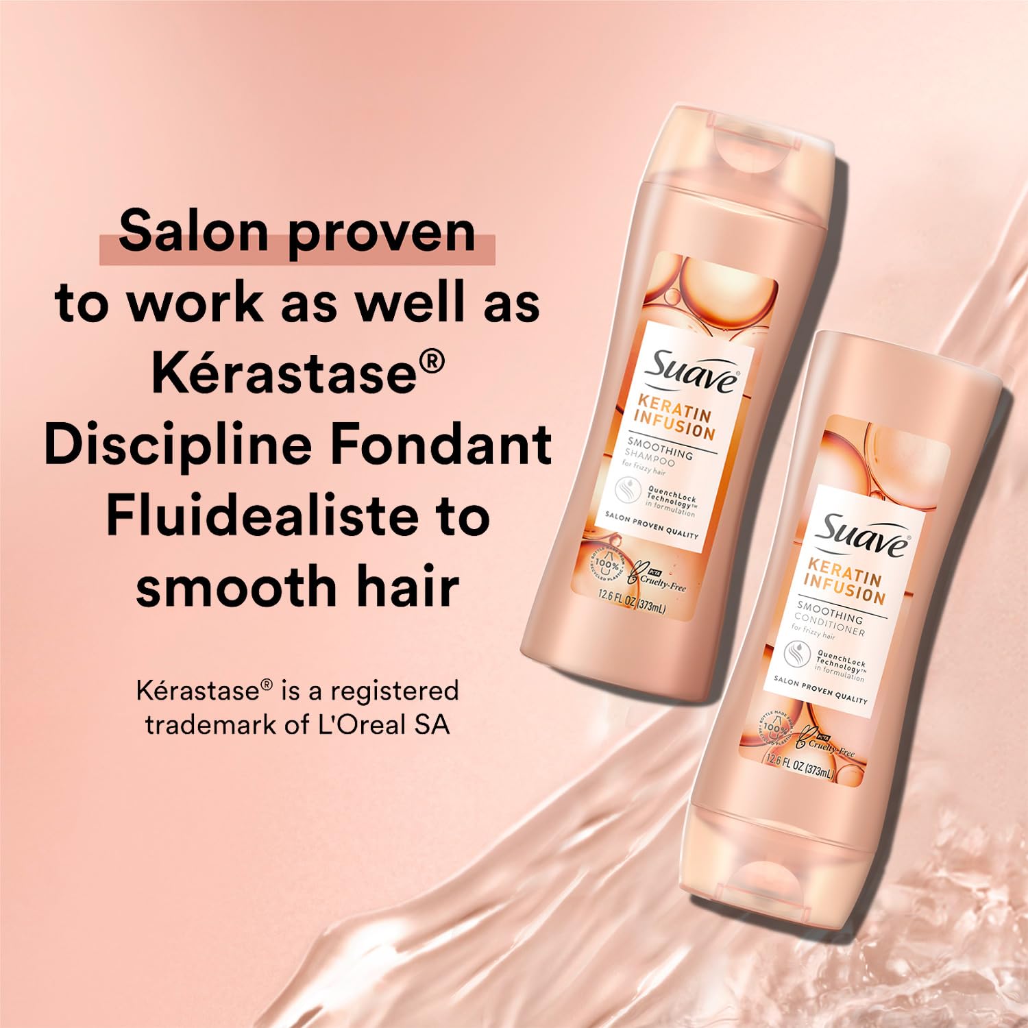 Suave Keratina Acondicionador, frasco, cabello desenredado y manejable.