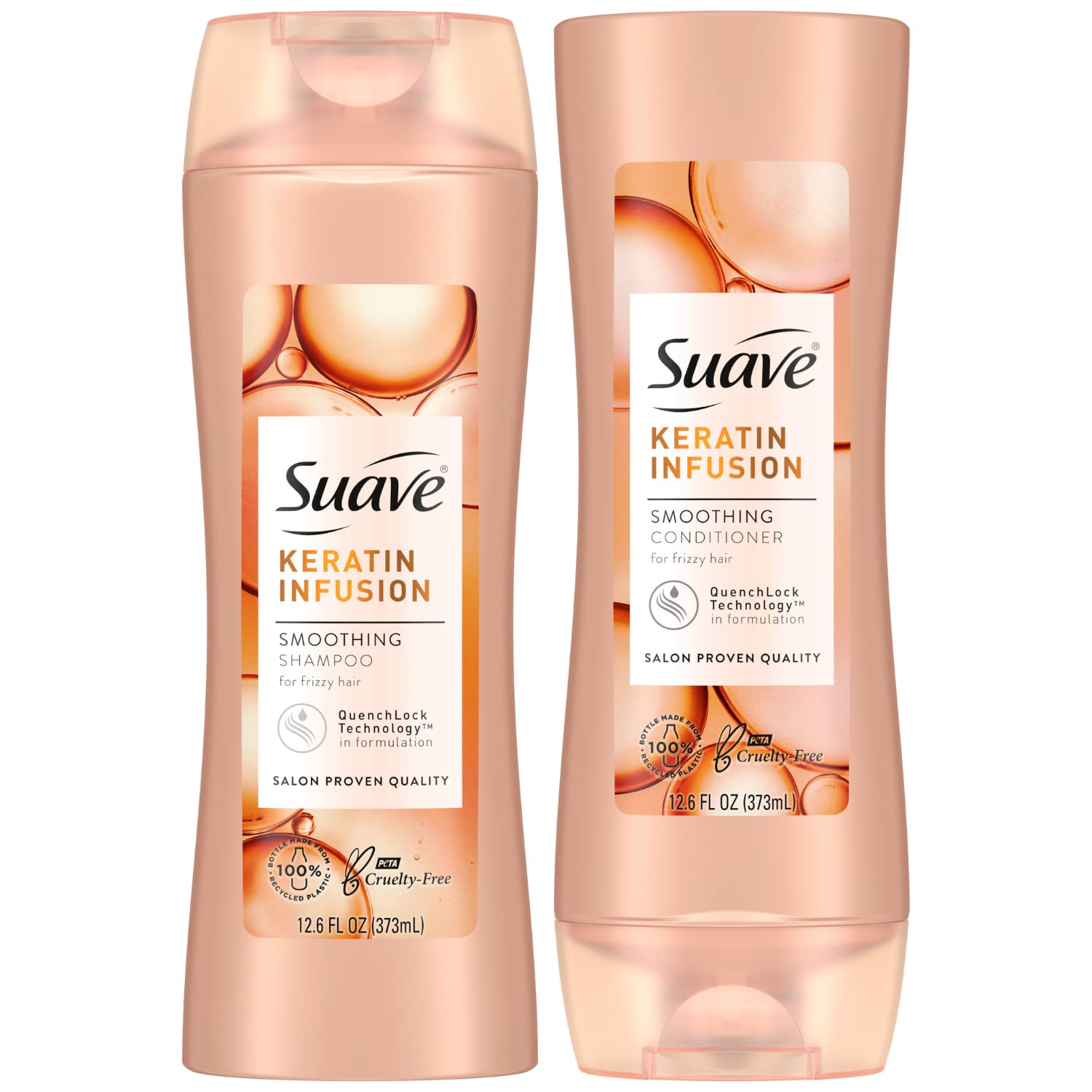 Suave Keratina Champú, botella, cabello suave y brillo tras el primer lavado.