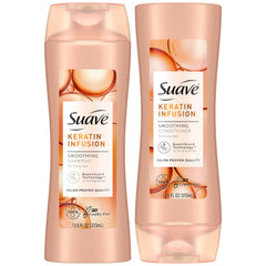 Suave Keratina Champú, botella, cabello suave y brillo tras el primer lavado.