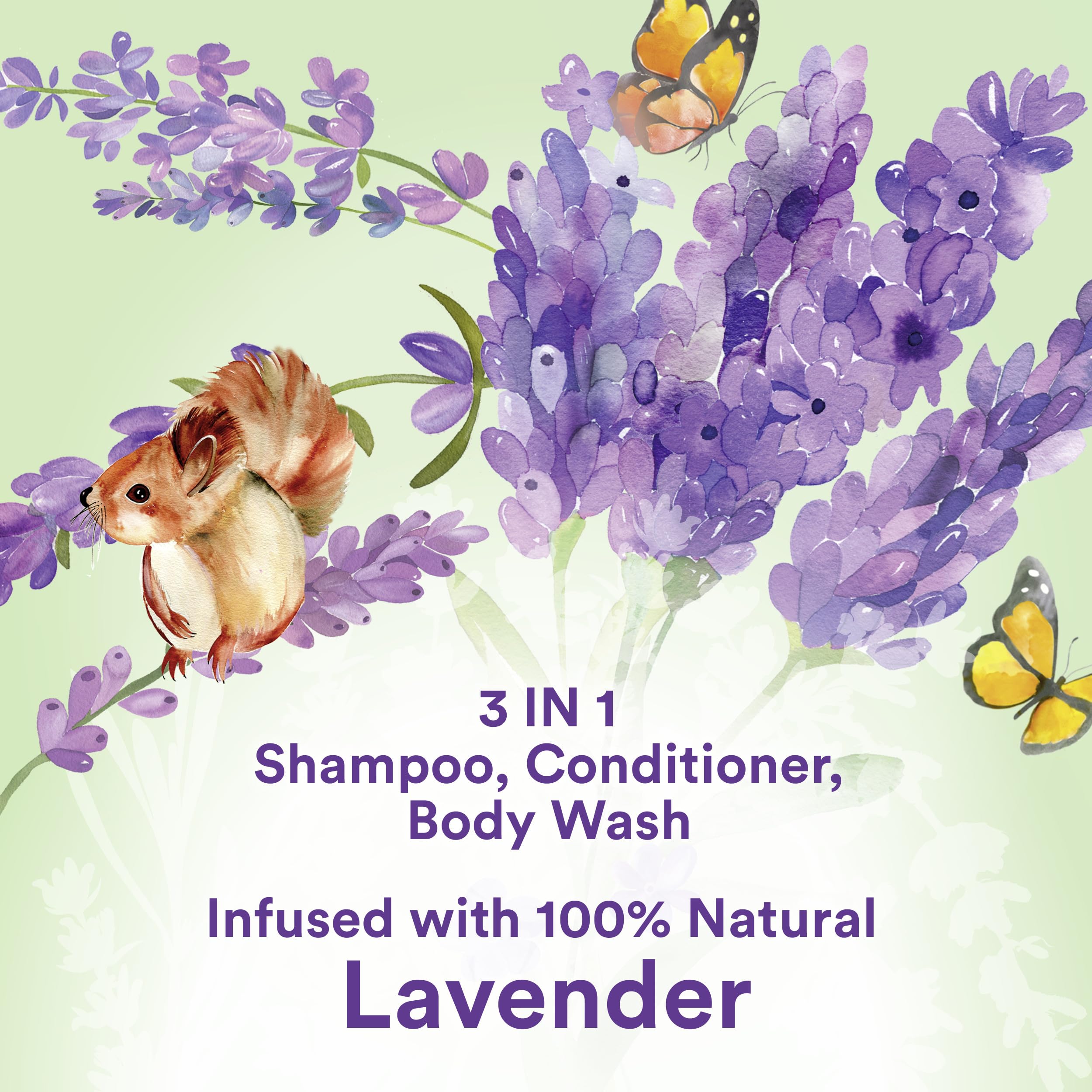 Suave Kids 3-in-1 lather with lavender for gentle cleansing.