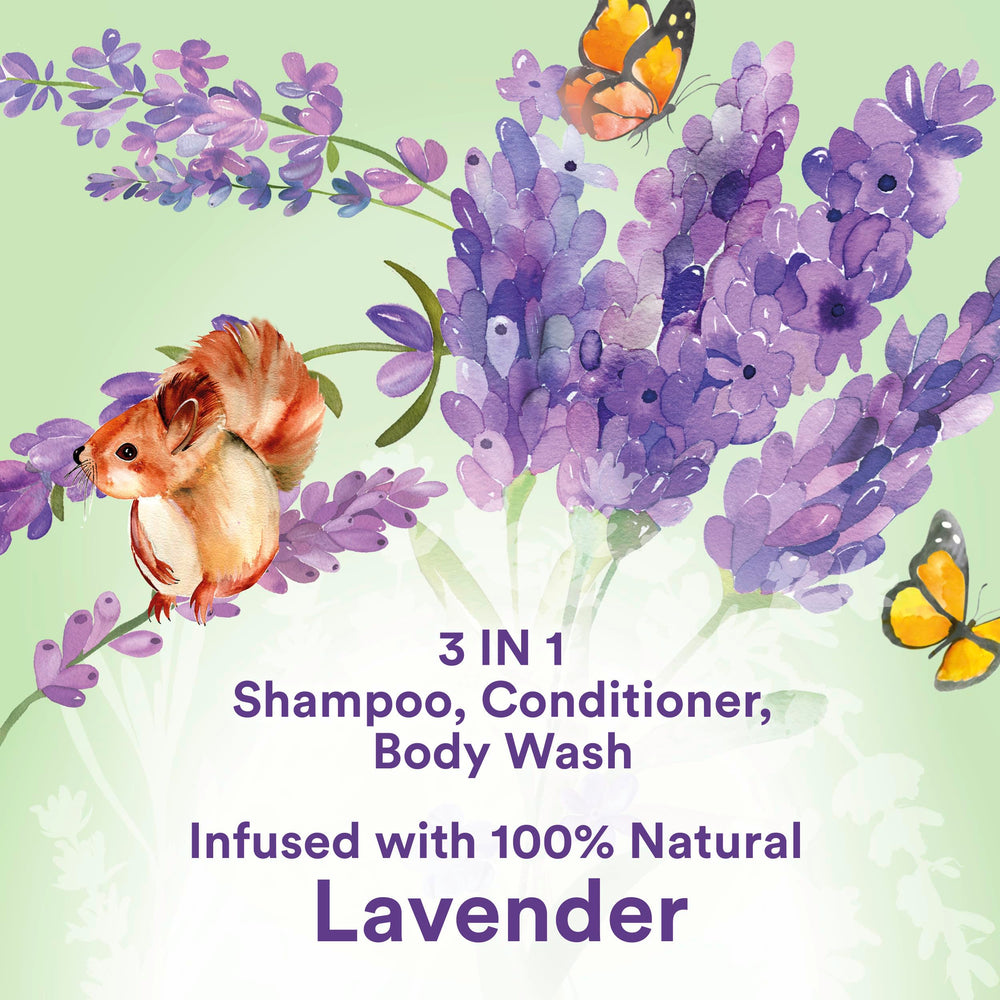Suave Kids 3-in-1 lather with lavender for gentle cleansing.