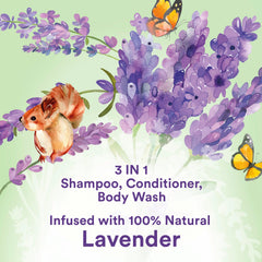 Suave Kids 3-in-1 lather with lavender for gentle cleansing.
