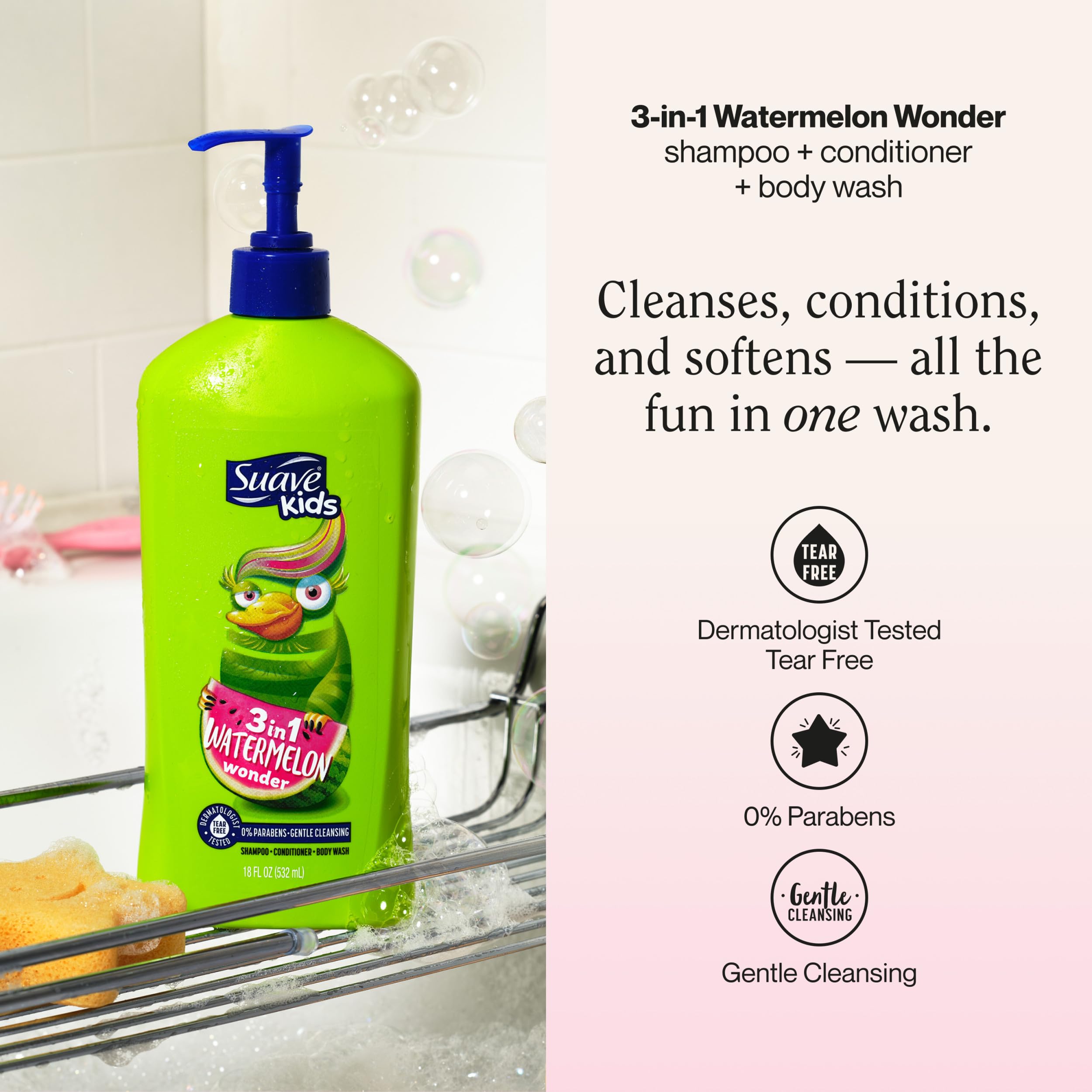 Close-up of tear-free formula for gentle cleansing with Suave Kids 3-in-1.