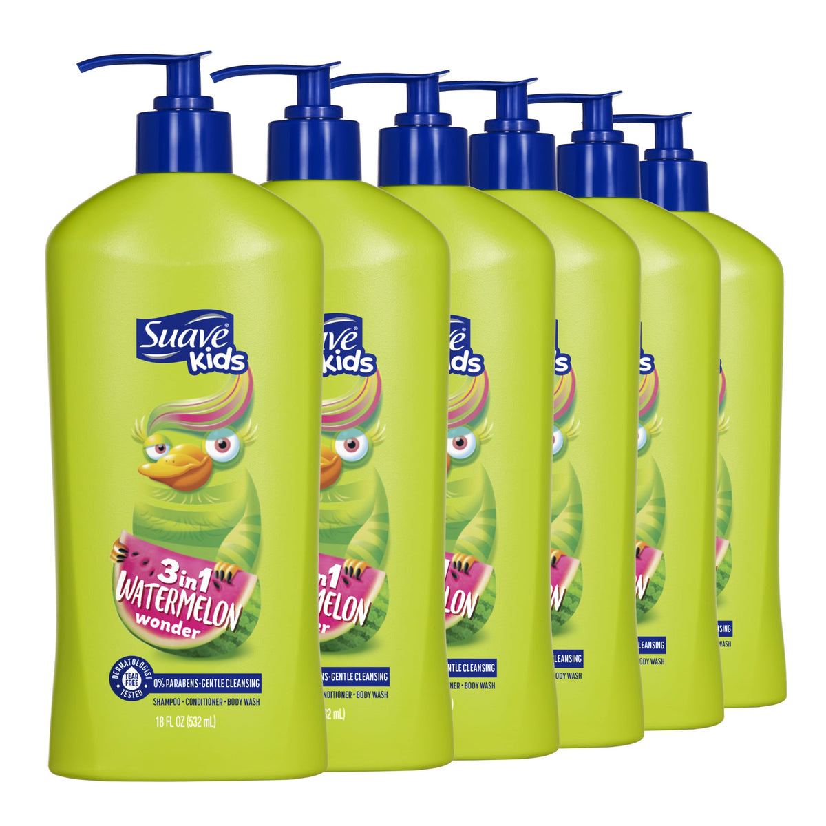 Suave Kids 3-in-1 Watermelon Wonder bottle front with convenient pump for quick bath time.