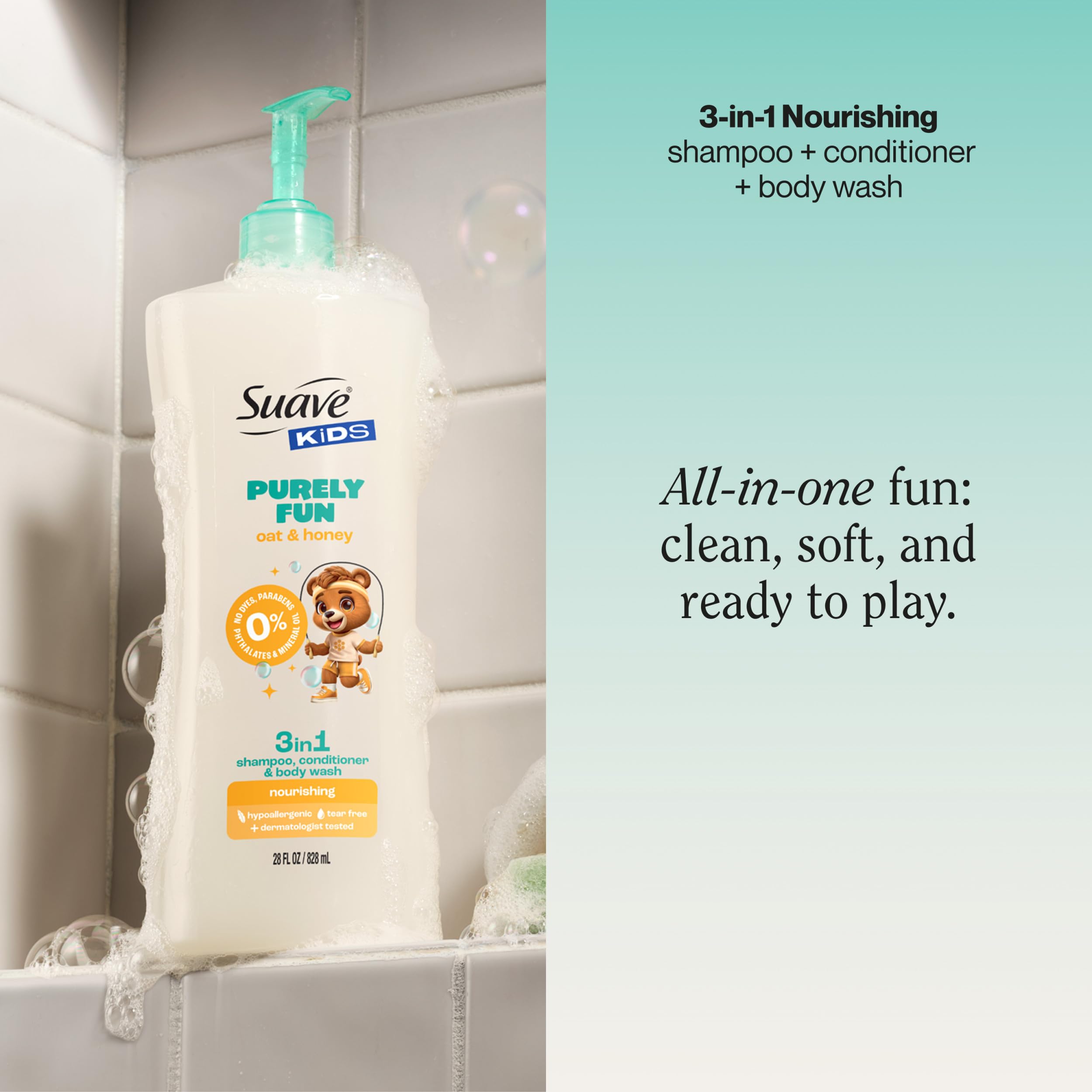 Suave Kids Purely Fun 3-in-1 bottle back highlights formula and benefits