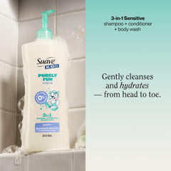 Suave Kids Purely Fun 3-in-1 bottle label highlights no dyes or parabens