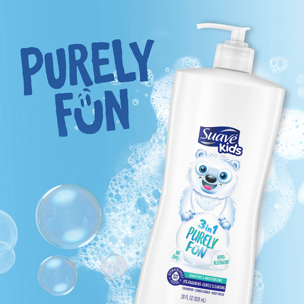 Suave Kids Purely Fun 3-in-1 label closeup, tear-free promise