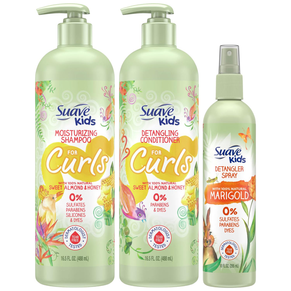 Suave Kids Shampoo bottle for curls with Sweet Almond & Honey hydrates curls.