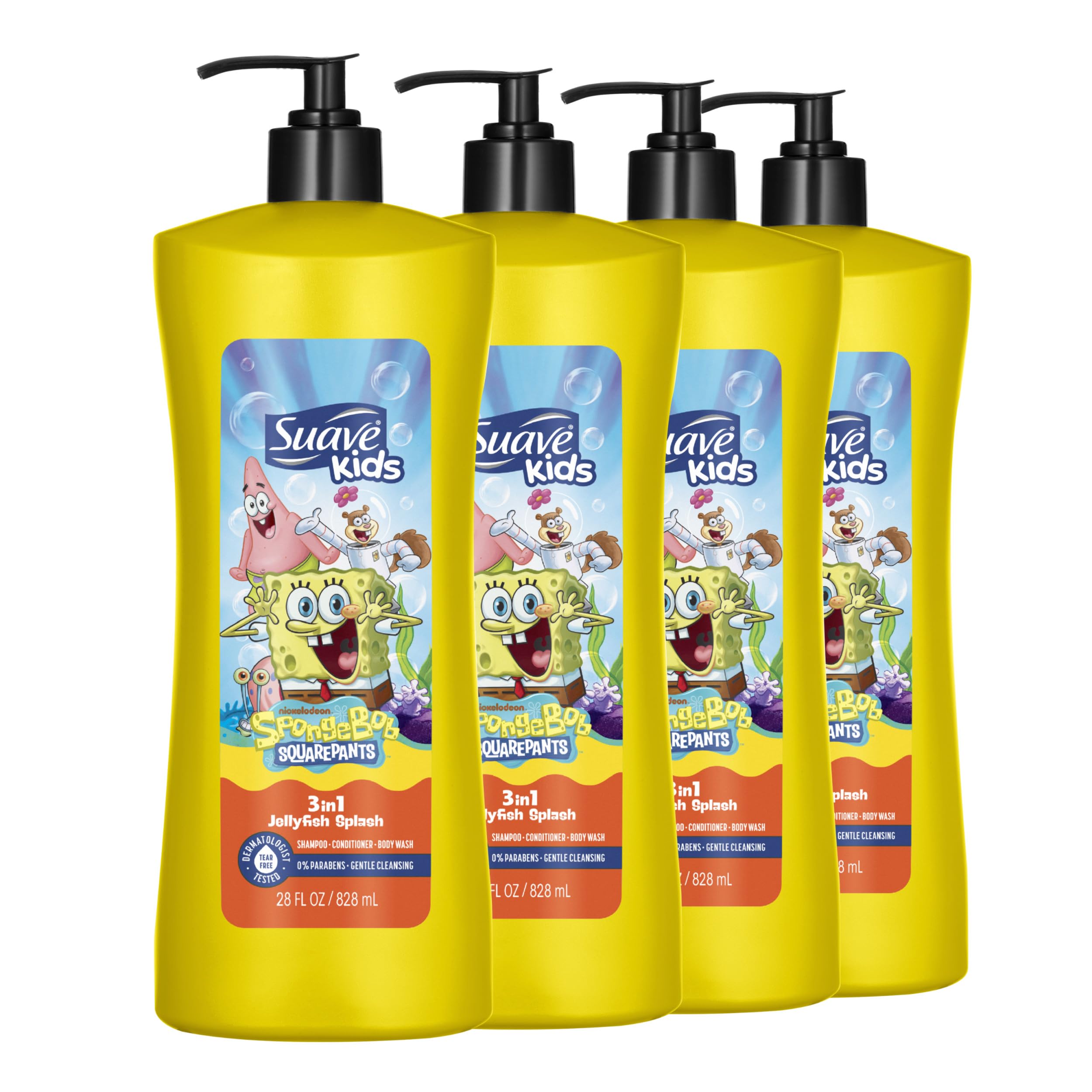 Suave Kids SpongeBob frente a la botella, listo para baño divertido
