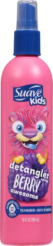 Suave Kids Swirlberry Detangler Spray in hand smooths knots quickly.