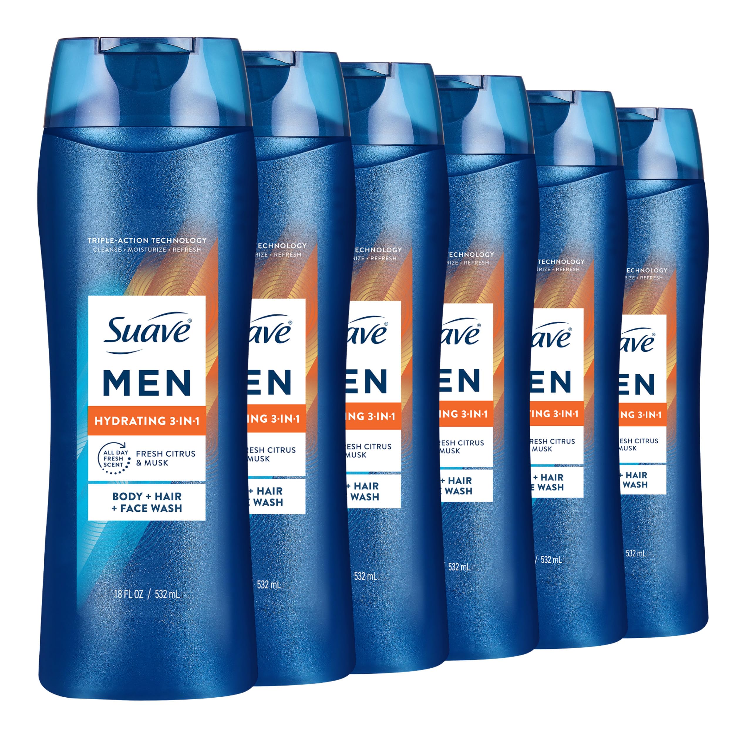 Suave Men 3-en-1 botella frontal ofrece hidratación diaria para piel suave.