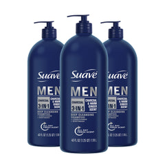 Suave Men 3in1 charcoal pump bottle for quick, all-in-one cleansing.