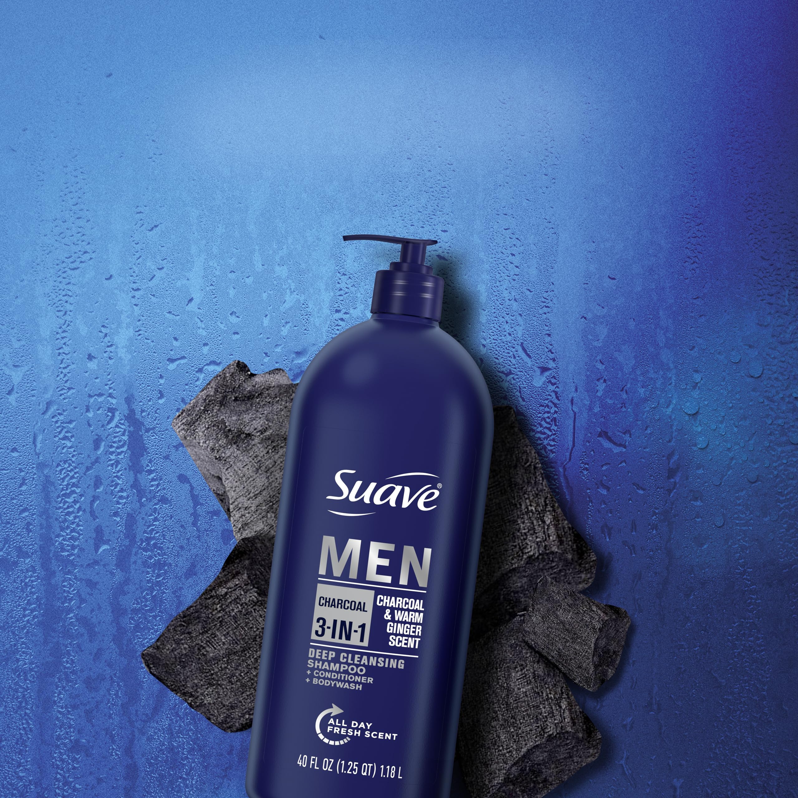 Suave Men Charcoal body wash routine image for full-body cleanse.
