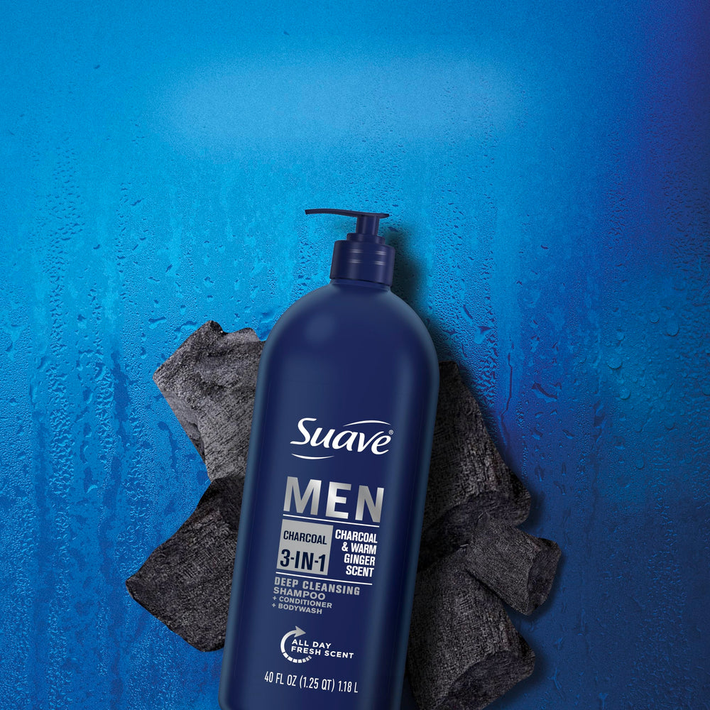 Suave Men Charcoal body wash routine image for full-body cleanse.