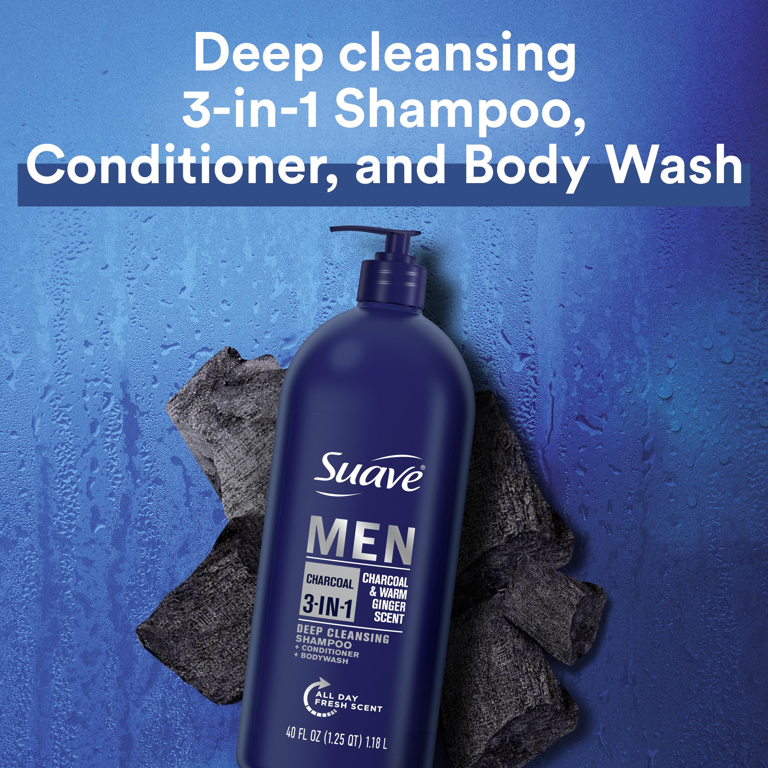 Suave Men Charcoal shampoo closeup highlighting deep-cleaning action.
