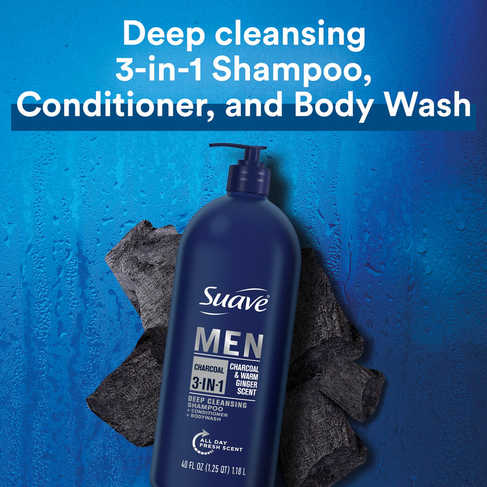 Suave Men Charcoal shampoo closeup highlighting deep-cleaning action.