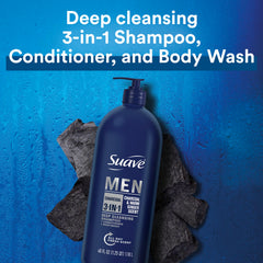 Suave Men Charcoal shampoo closeup highlighting deep-cleaning action.