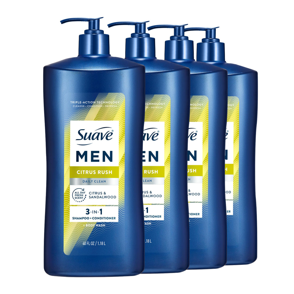 Suave Men Citrus Rush 3in1 pump bottle demonstrates all-in-one cleansing for daily use.