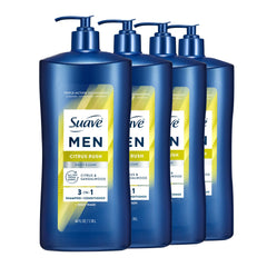 Suave Men Citrus Rush 3in1 pump bottle demonstrates all-in-one cleansing for daily use.