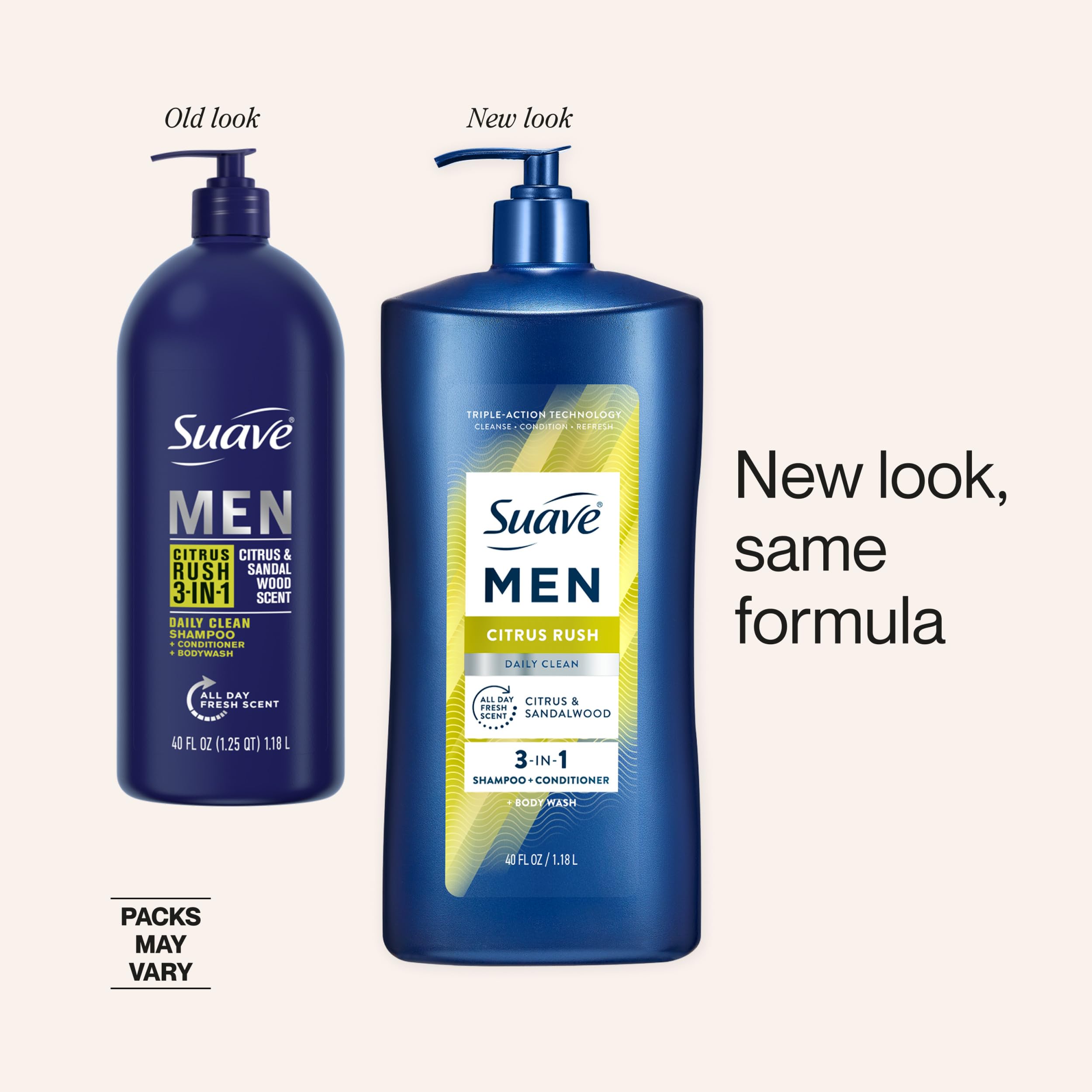 Suave Men Citrus Rush citrus-scented formula providing refreshing aroma during shower.