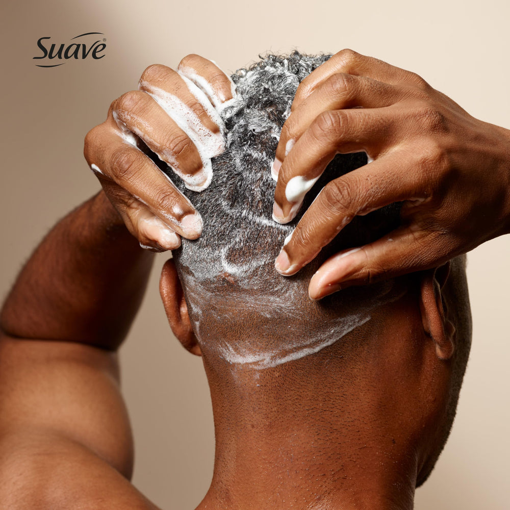 Suave Men Citrus Rush shower routine visualization showing quick clean in one step.